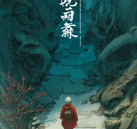 商业插画《云端车站》的俯视构图，列车行驶在云层之上